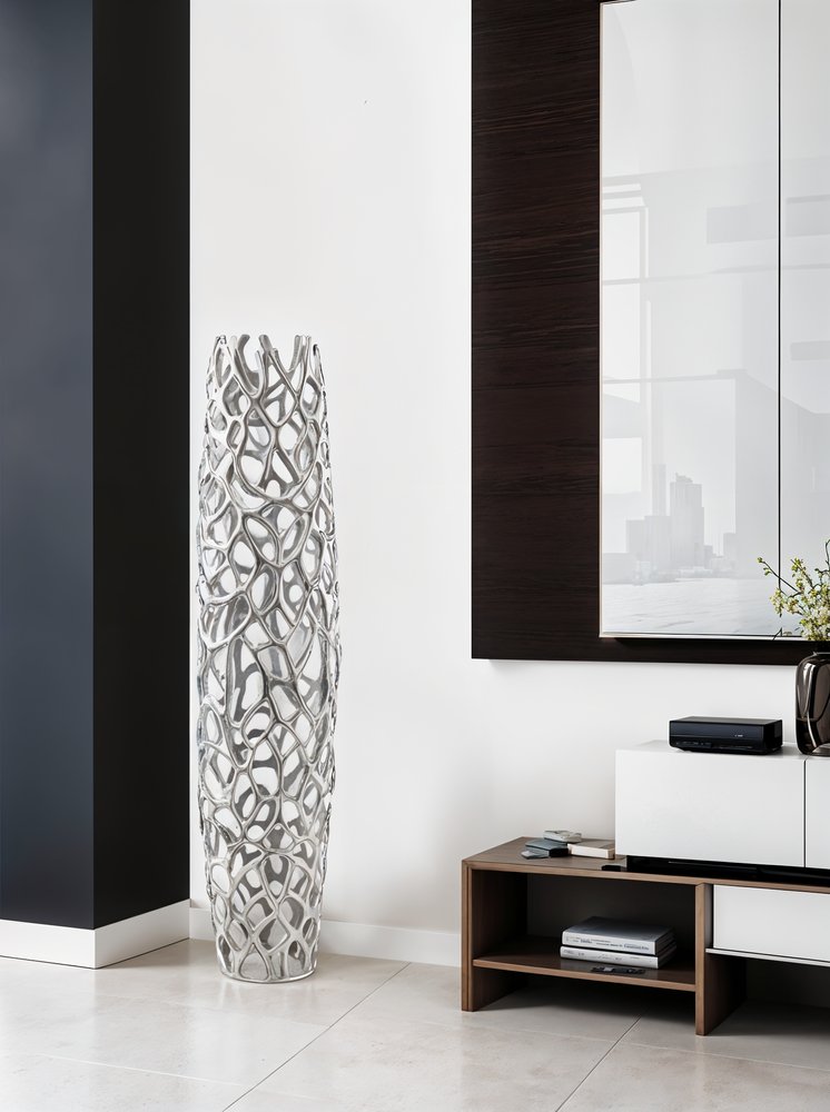 47" Aluminum Silver Twigs Cylinder Floor Vase