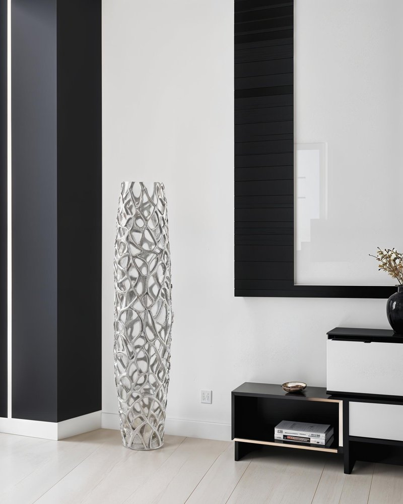 32" Aluminum Silver Twigs Cylinder Floor Vase
