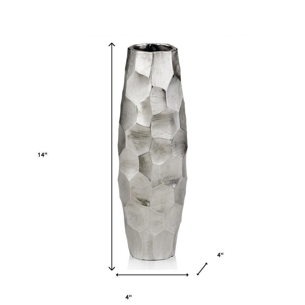 14" Aluminum Silver Faceted Geometric Cylinder Table Vase