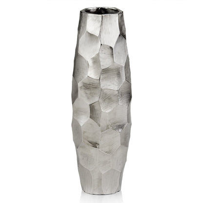 14" Aluminum Silver Faceted Geometric Cylinder Table Vase