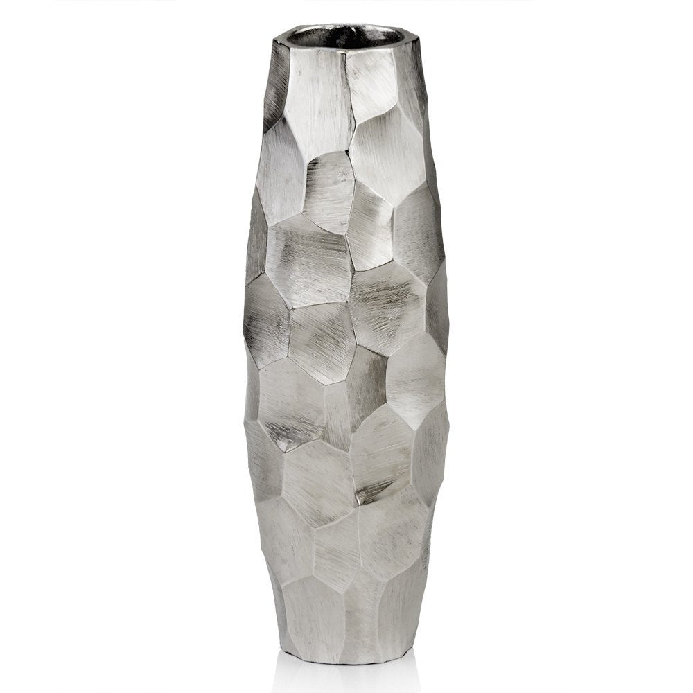 14" Aluminum Silver Faceted Geometric Cylinder Table Vase