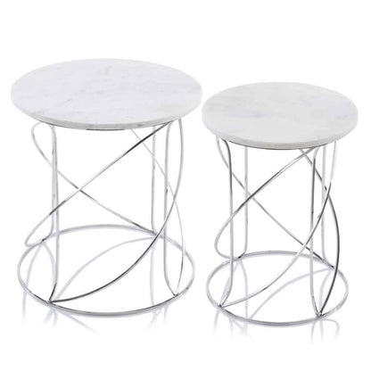 Set of Two White and Silver Marble and Metal Round Pedestal End Tables