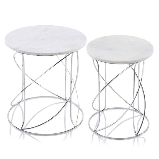 Set of Two White and Silver Marble and Metal Round Pedestal End Tables