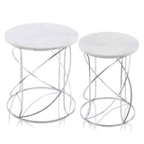 Set of Two White and Silver Marble and Metal Round Pedestal End Tables