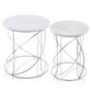 Set of Two White and Silver Marble and Metal Round Pedestal End Tables