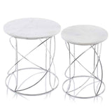 Set of Two White and Silver Marble and Metal Round Pedestal End Tables
