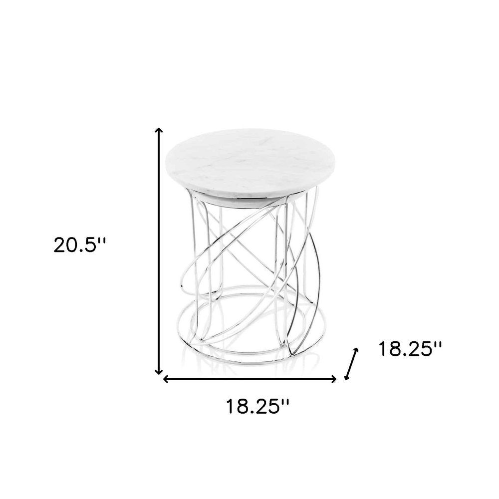 Set of Two White and Silver Marble and Metal Round Pedestal End Tables