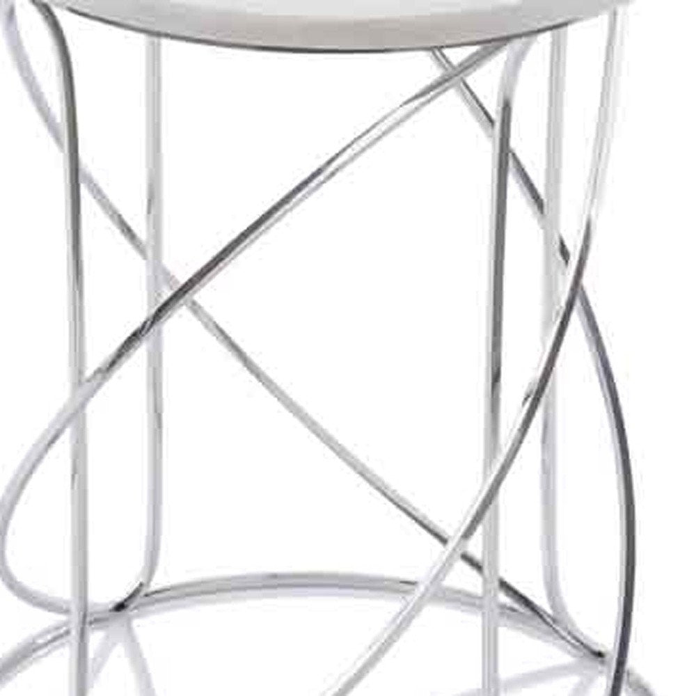Set of Two White and Silver Marble and Metal Round Pedestal End Tables