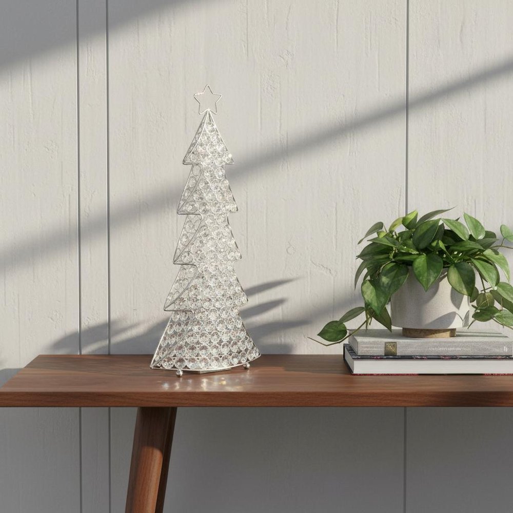 16" Glam Silver And Faux Crystals Christmas Tree Tabletop Sculpture