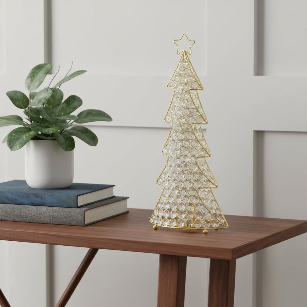 16" Glam Silver And Faux Crystals Christmas Tree Tabletop Sculpture