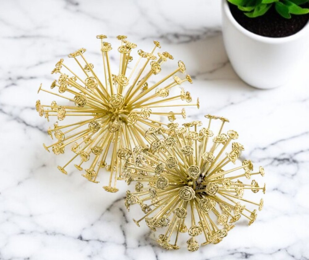 Set of Two Gold Cast Iron Decorative Spiky Sphere Tabletop Sculptures