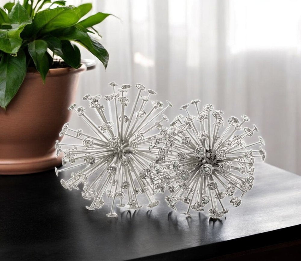 Set of Two Gold Cast Iron Decorative Spiky Sphere Tabletop Sculptures