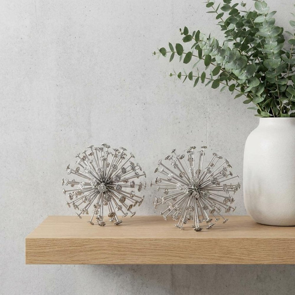 Set of Two Silver Cast Iron Decorative Orb