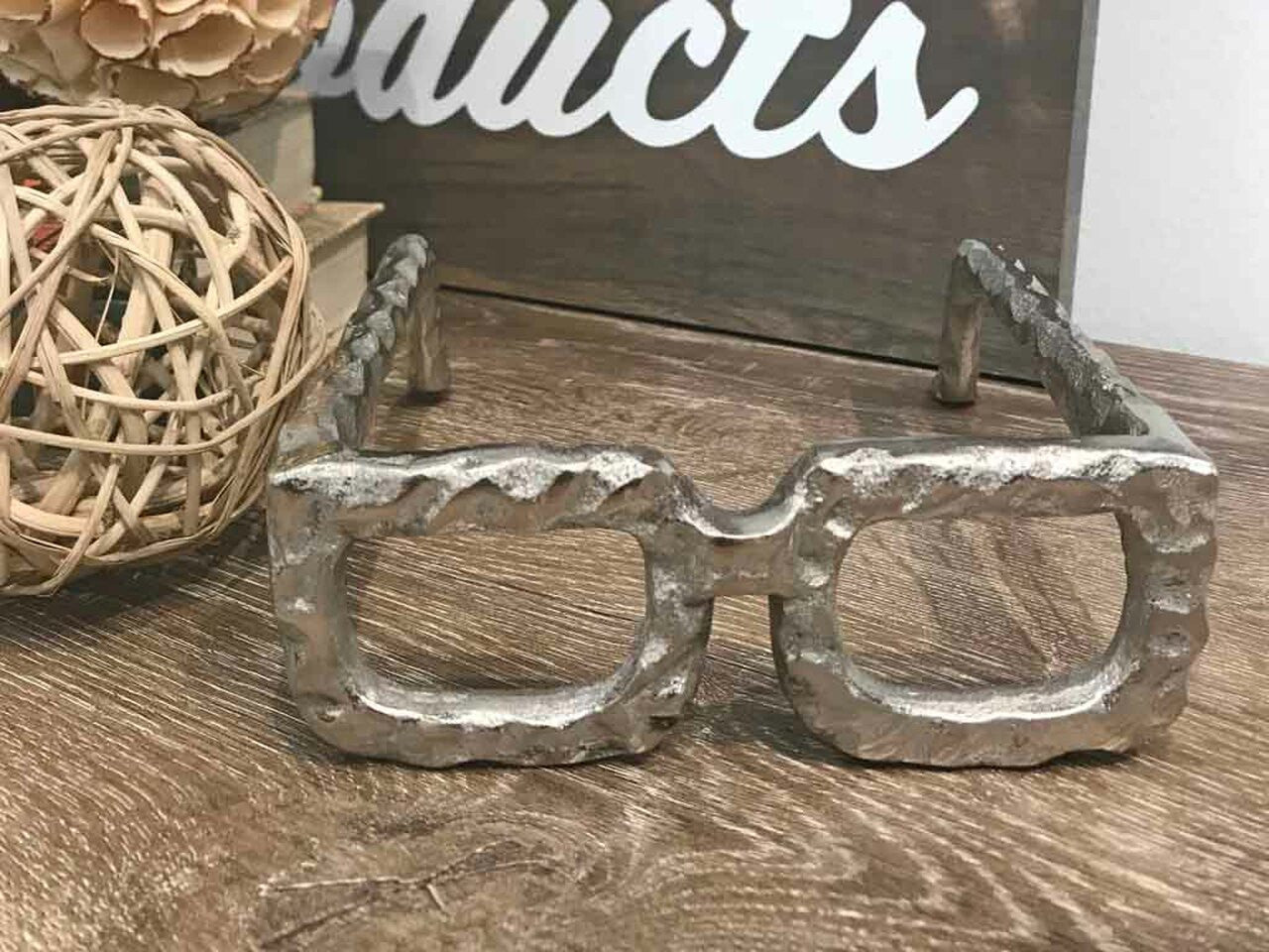 7" Silver Aluminum Textured Round Eyeglasses Tabletop Sculpture