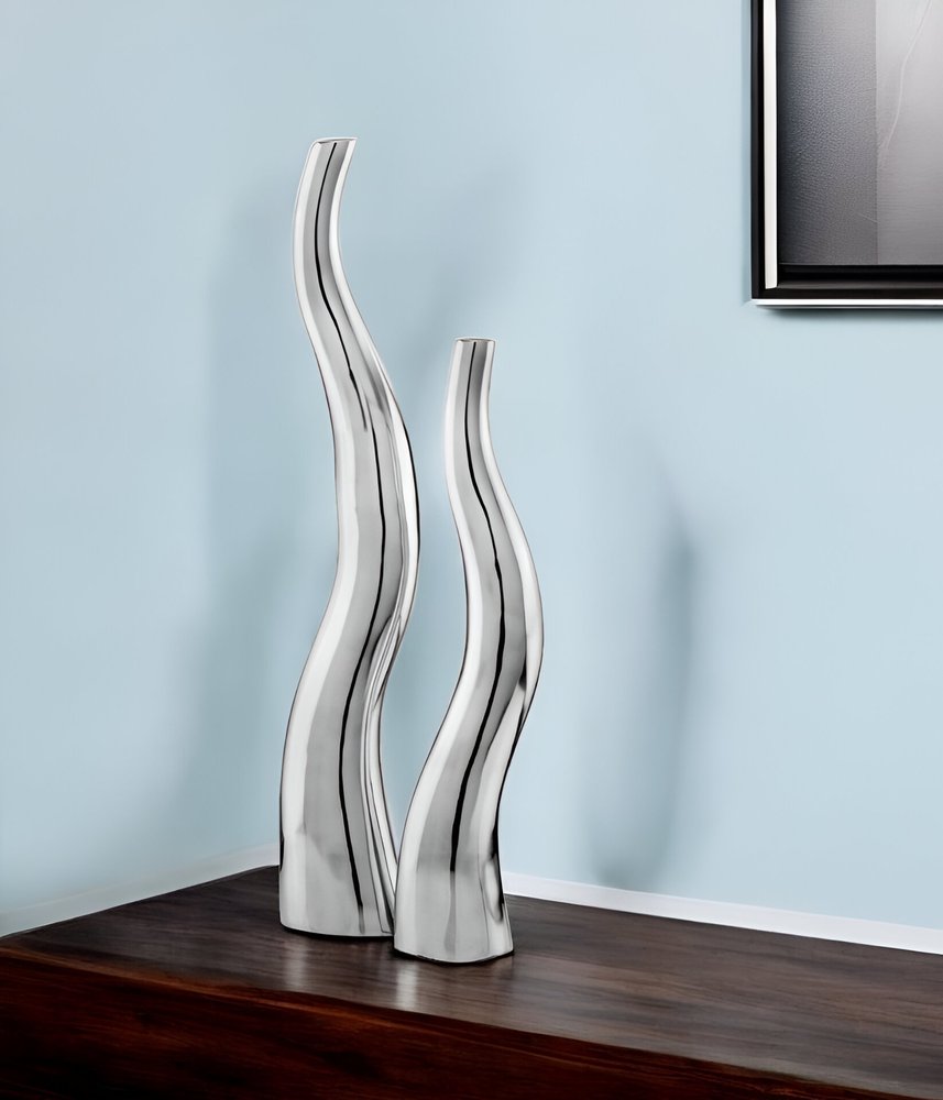 Set of Two Aluminum Silver Wavy Floor Vases
