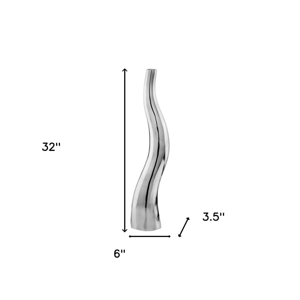 Set of Two Aluminum Silver Wavy Floor Vases