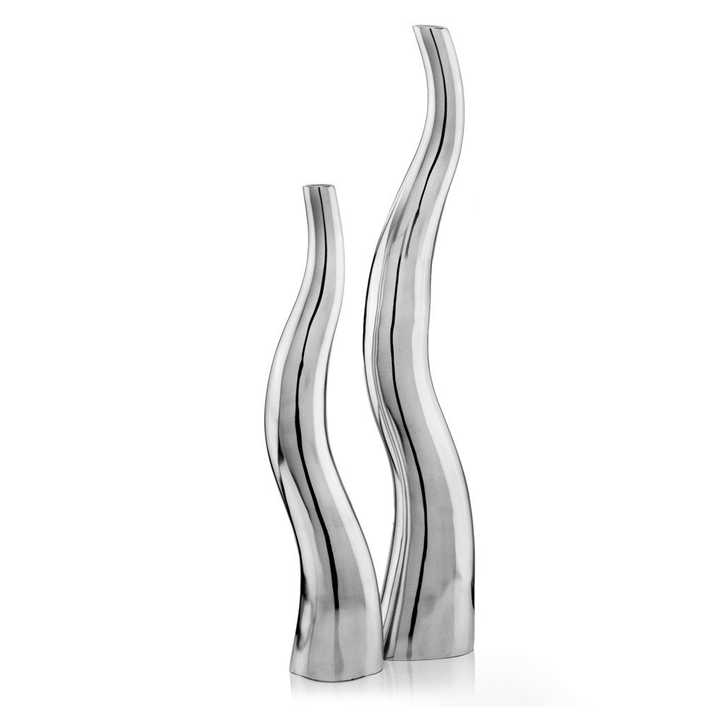Set of Two Aluminum Silver Wavy Floor Vases