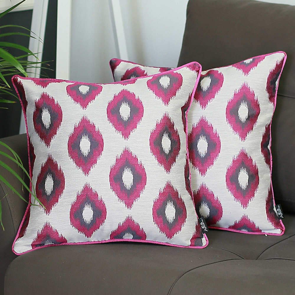 Set of Two Purple and Ivory Ikat Poly Cotton Blend Throw Pillow Cover