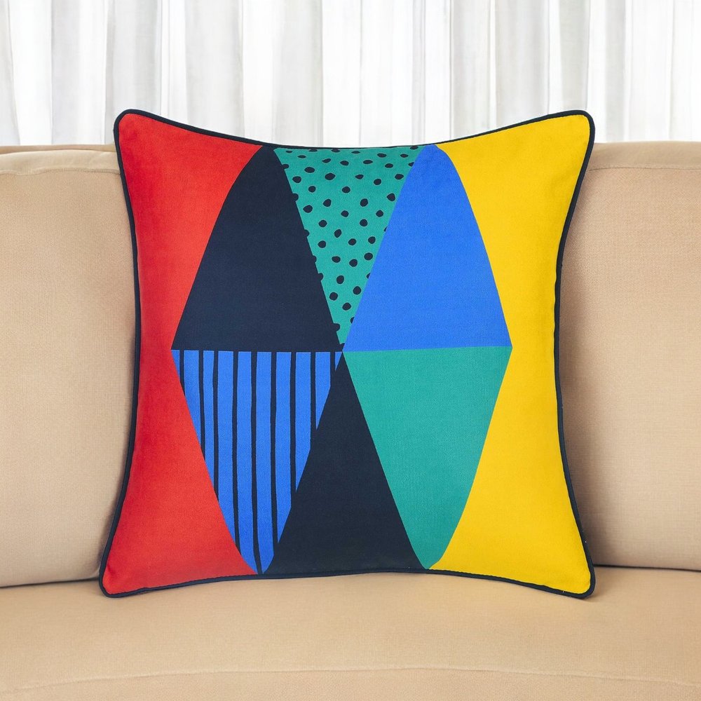 18" Blue Red And Yellow Fabric Throw Pillow Cover