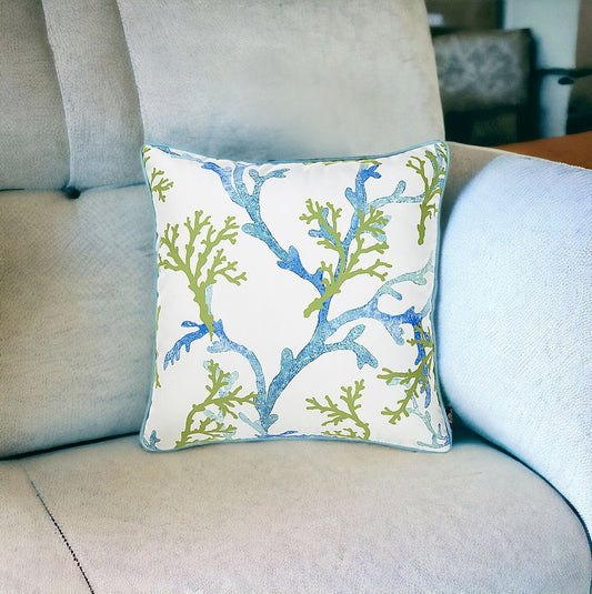 18" Blue Green And White Coral Throw Pillow Cover