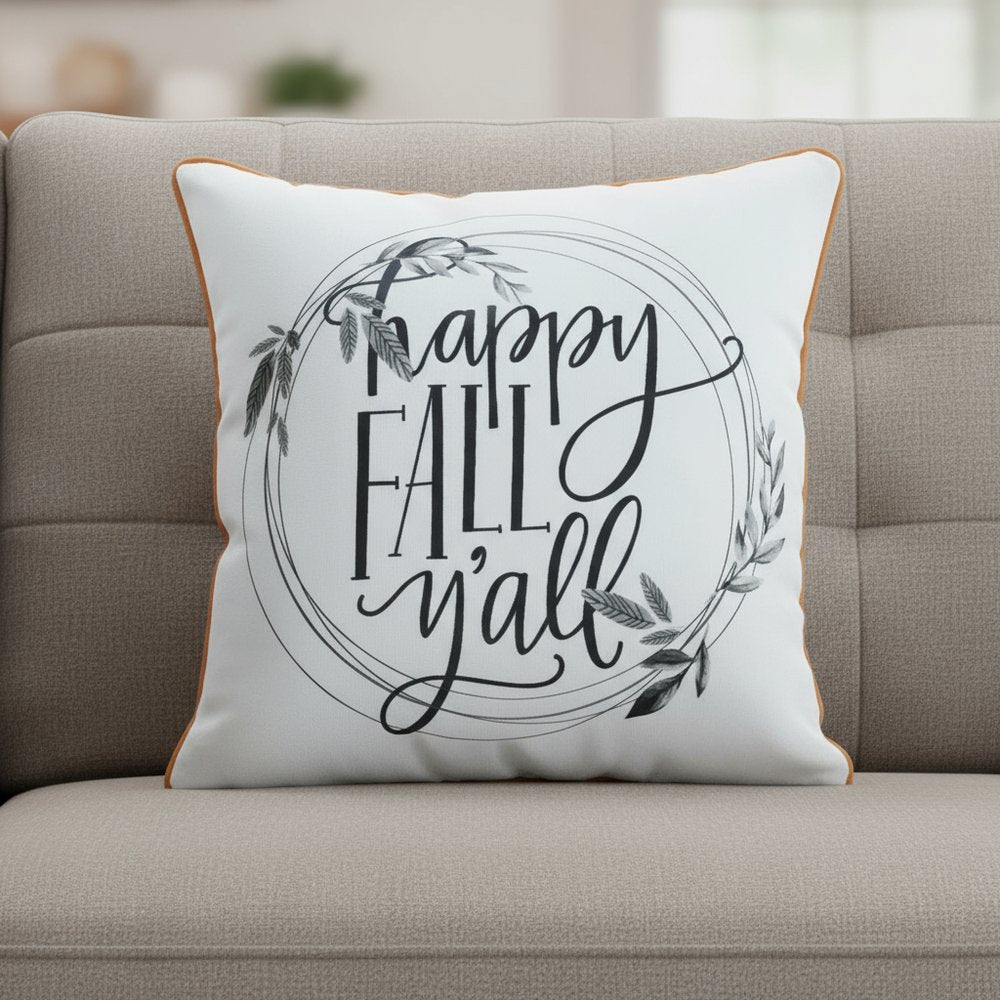 18" Black And White Happy Fall Y'All Throw Pillow Cover