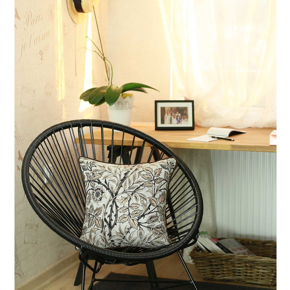 17" Blue Beige and Black Floral Throw Pillow Cover