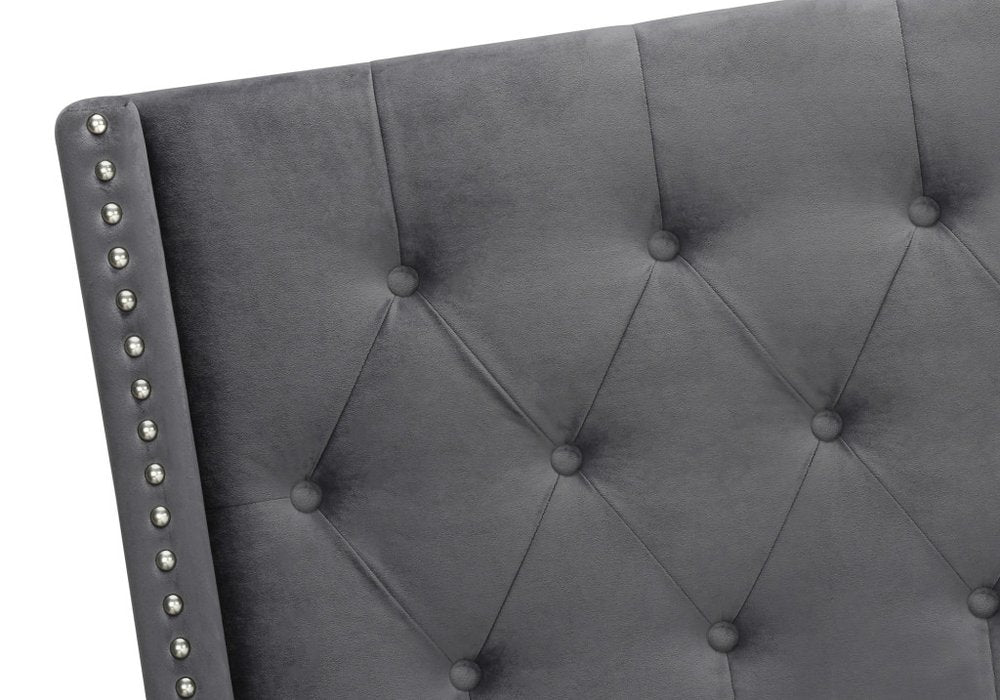 Solid Wood Queen Tufted Gray Upholstered Velvet Bed With Nailhead Trim