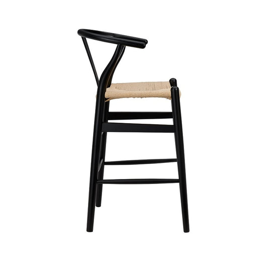 26" Natural And Black Rush And Solid Wood Counter Height Bar Chair