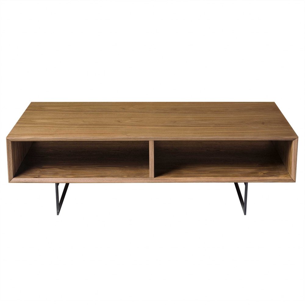 47" Brown and Black Wood And Metal Sled Coffee Table With Two Shelves