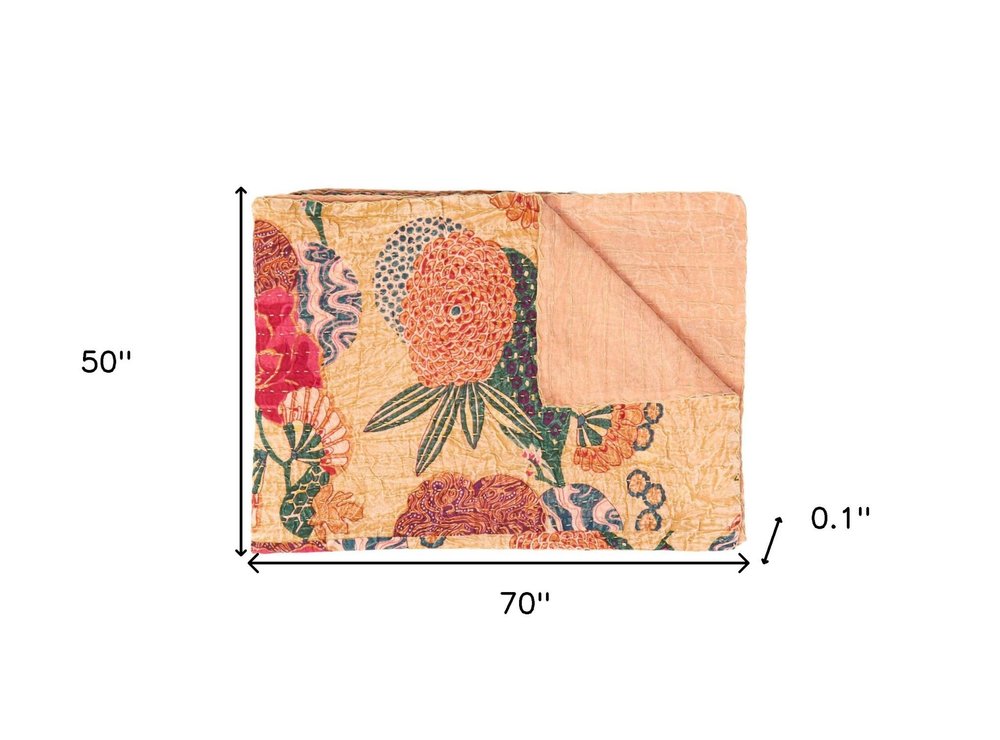 50" X 70" Orange and Red Kantha Cotton Floral Throw Blanket with Embroidery