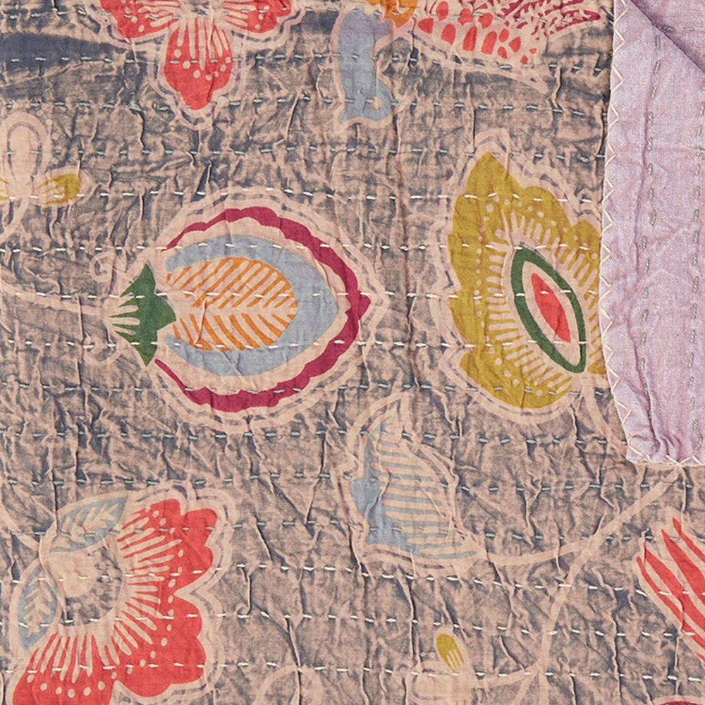 50" X 70" Pink and Ivory Kantha Cotton Floral Throw Blanket with Embroidery