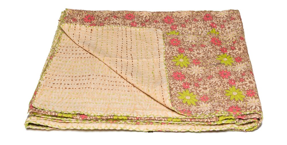 50" X 70" Orange Blue and Yellow Cotton Kantha Patchwork with Embroidery