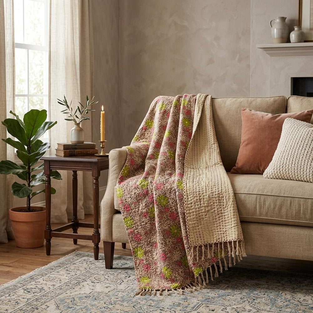 50" X 70" Maroon Yellow and Green Kantha Cotton Floral Throw Blanket with Embroidery