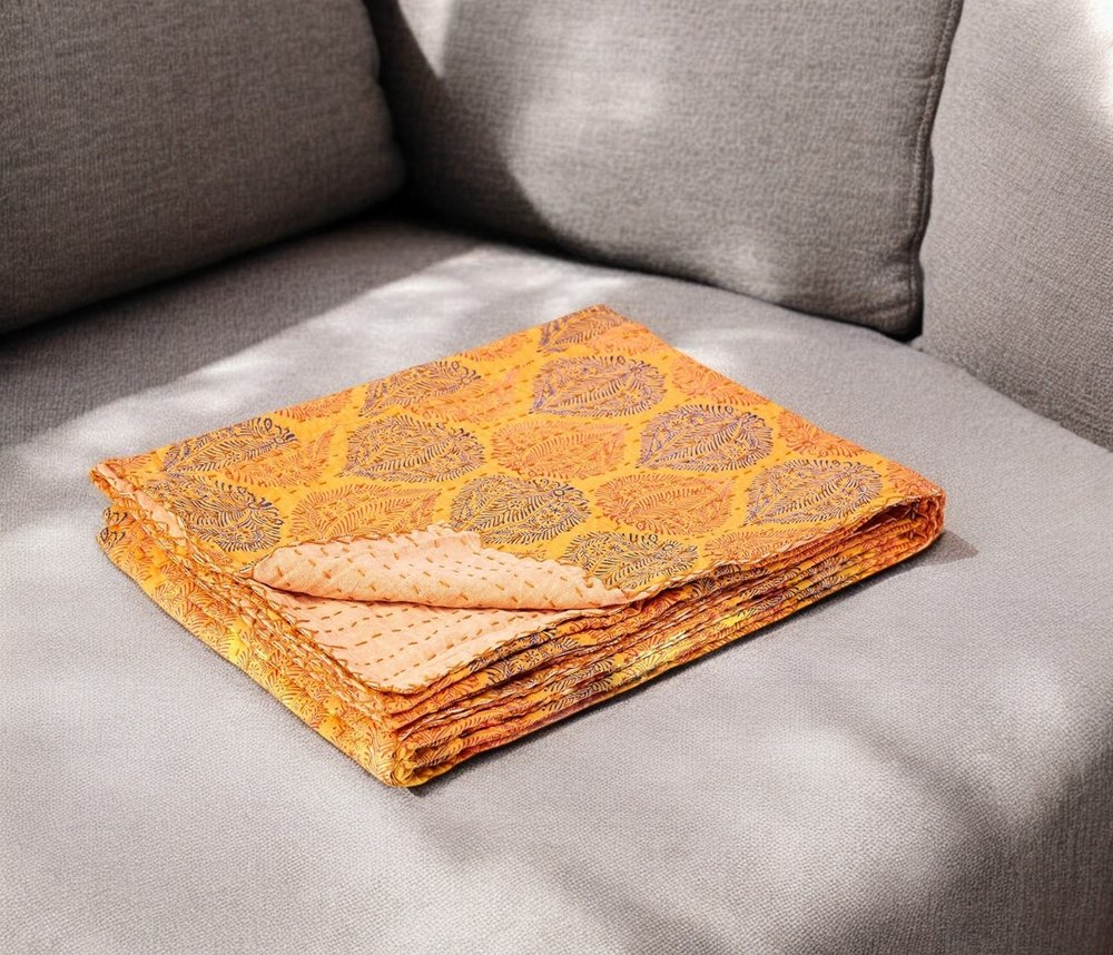 50" X 70" Maroon Yellow and Green Kantha Cotton Floral Throw Blanket with Embroidery