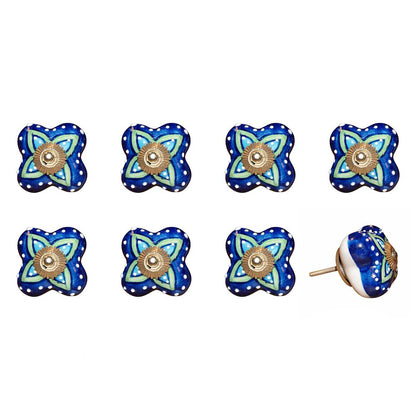 Set of Eight Blue And Green Floral Ceramic Drawer Pull Knobs