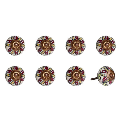Set of Eight Red And Yellow Botanical Ceramic Drawer Pull Knobs