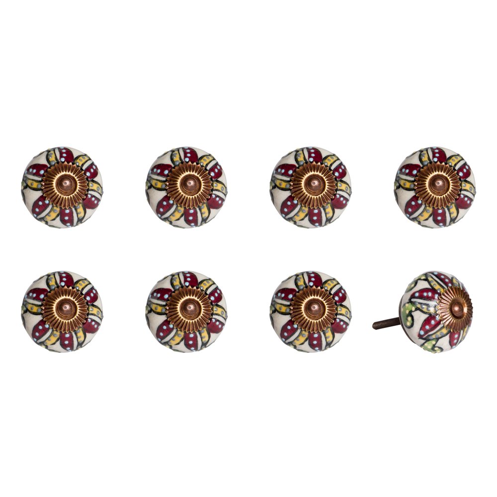 Set of Eight Red And Yellow Botanical Ceramic Drawer Pull Knobs