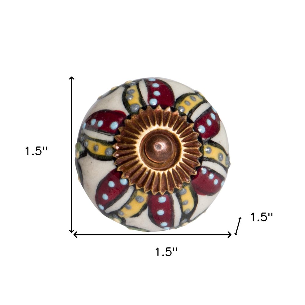 Set of Eight Red And Yellow Botanical Ceramic Drawer Pull Knobs