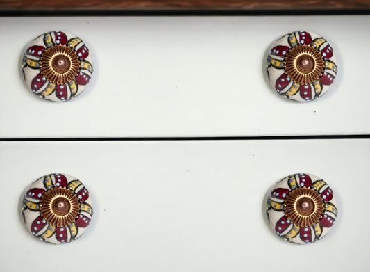 Set of Eight Red And Yellow Botanical Ceramic Drawer Pull Knobs