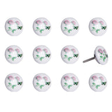 Set of Twelve Pink White And Green Floral Ceramic Drawer Pull Knobs