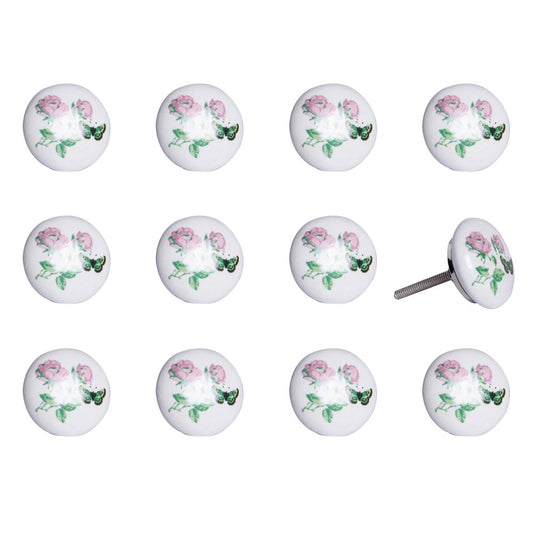Set of Twelve Pink White And Green Floral Ceramic Drawer Pull Knobs