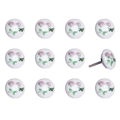Set of Twelve Pink White And Green Floral Ceramic Drawer Pull Knobs