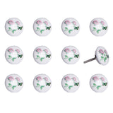 Set of Twelve Pink White And Green Floral Ceramic Drawer Pull Knobs