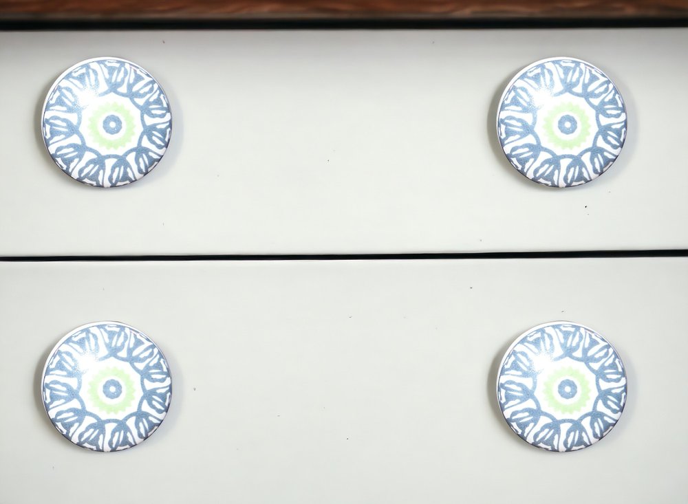Set of Twelve White And Light Blue Metal And Ceramic Drawer Pull Knobs