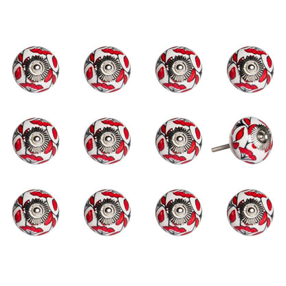 Set of Twelve Red And White Ceramic Drawer Pull Knobs