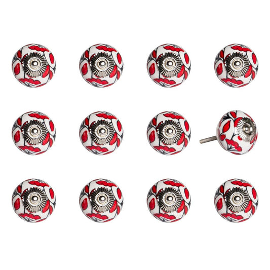 Set of Twelve Red And White Ceramic Drawer Pull Knobs