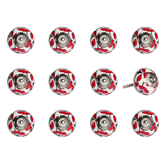 Set of Twelve Red And White Ceramic Drawer Pull Knobs