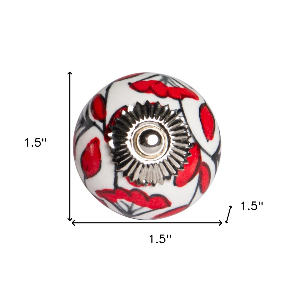 Set of Twelve Red And White Ceramic Drawer Pull Knobs