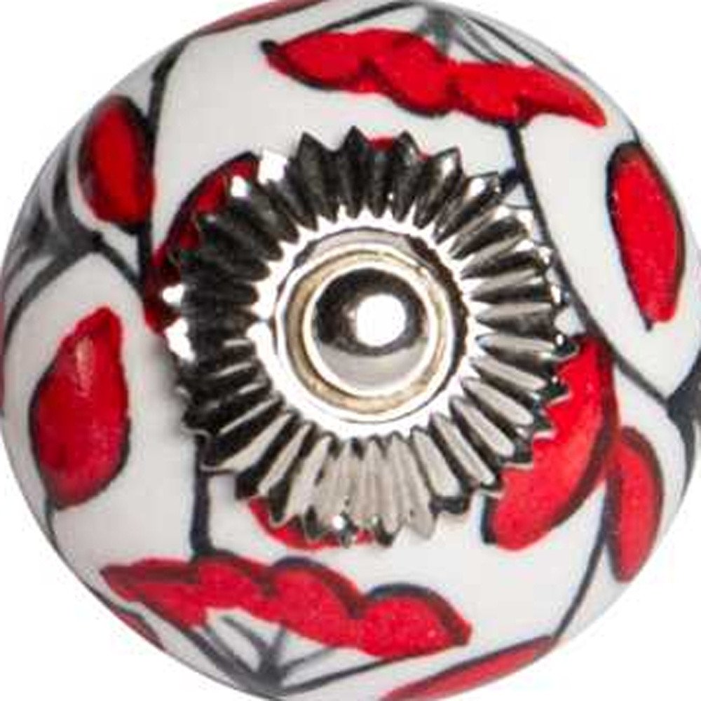 Set of Twelve Red And White Ceramic Drawer Pull Knobs