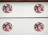 Set of Twelve Red And White Ceramic Drawer Pull Knobs